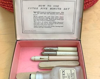 Vintage Cutex Manicure Set Tin / glass bottle white pencils stick props
