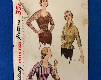 Bust 40 - Vintage 1950s Simplicity Sewing Pattern 3680 Size 20 | Mid century peplum blouse & overblouse, sweetheart neckline top