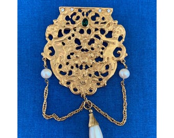 Vintage Da Milano 1989 Gold Brooch - Cherubs, Pearls, Rhinestones