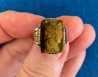 Antique Tiger's Eye/14k Gold Cameo Ring - Dated 1926, Engraved, Ancient Roman Style
