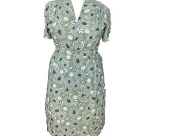 Vintage PLUS SIZE Green Rayon Print Dress - xl/xxl/volup