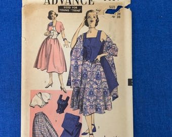 Bust 30 - Vintage 1950s Advance Sewing Pattern 5837 Size 12 | Rockabilly Sun Top Dress, Bolero Jacket & Stole Shawl, Teen Age Fashion