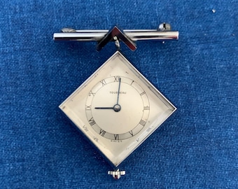 Vintage TOURNEAU Swiss Lapel Watch Pin, 1940s Geometric Diamond Lucite Crystal Brooch, Mid Century Art Deco Watch As Is