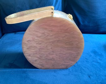 Vintage Lucite Round Box Handbag - Light Brown, Marbled