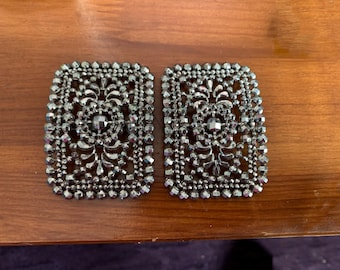 Antique French Cut Steel Shoe Buckles Pair, Vintage 1920s Art Deco Shoe Clips, Edwardian Marcasite Style