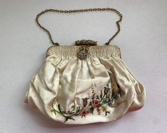 Vintage Embroidered Satin Small Purse - Chainstitch, Satin, French