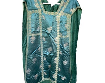 Authentic 18th Century French Liturgical Chasuble, Louis XVI Hand-Brocaded Teal Silk Vestment with Gold Metallic Trim