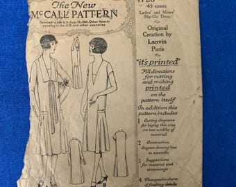Bust 40 - Rare 1920s Lanvin Paris McCall Pattern 4126 | Antique plus size flapper dress, authentic Lanvin designer sewing pattern, complete