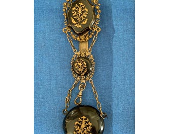 Antique Victorian Black Enamel & Gilt Brass Watch Chatelaine Fob
