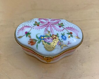 Vintage 1990s Limoges France Hand Painted Porcelain Hinged Trinket Box Pink Ribbon