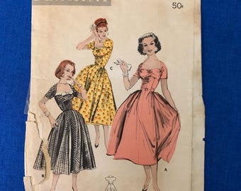 Bust 36 - Vintage 1950s Butterick Sewing Pattern 8160 Size 16 | Mid century portrait neckline party dress