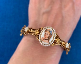 Florenza Vintage Victorian Revival Bracelet - Gold with Porcelain Portrait Cameo