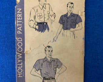 Vintage 1930s-40s Hollywood Sewing Pattern 1849 Men's Shirt | WWII Era Sport Shirt, Convertible Collar Casual Work Shirt