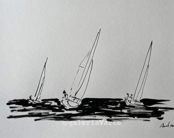 Original Tintenzeichnung - Segeln - Kunst