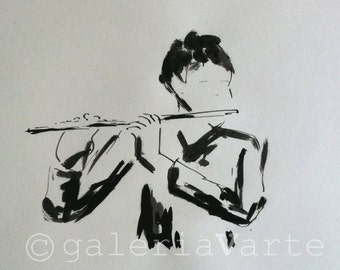 Original ink drawing - Flutist