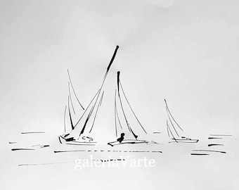 Original ink drawing  - Sailing Boats