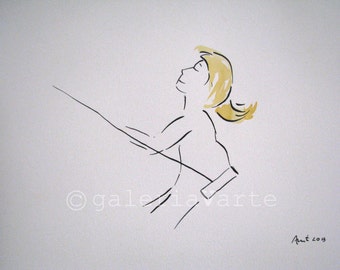 ink and watercolor drawing - girl on a swing - original - europeanstreetteam