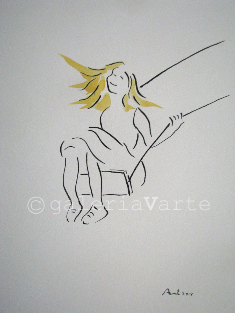 Original Ink And Watercolor Drawing Children On A Swing Europeanstreetteam