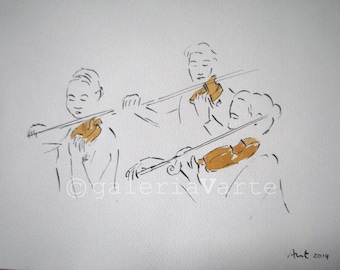 Original ink and watercolor drawing - Violin concert - europeanstreetteam