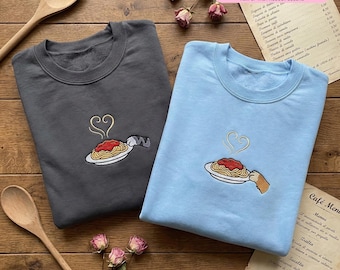 Embroidered Spaghetti Sweatshirt, Italian Food Lover Sweater, Pasta Lover Gift, Couple Matching Foodie Outfit, Cute Embroidered Apparels