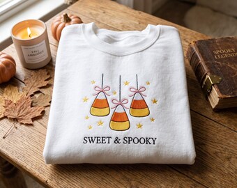 Sweet and Spooky Embroidered Sweatshirt, Candy Corn Hanging Hoodie, Cute Fall Crewneck, Halloween Candy Sweater