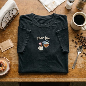 May include: A black short-sleeved t-shirt featuring an embroidered graphic of a coffee pot pouring liquid into a mug with a small pink heart above it. The text "Brew You" is stitched in a light cream colour above the coffee pot illustration.