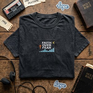 Retro Faith Over Fear T-Shirt, Embroidered Christian Tee, Vintage Aesthetic Cross Shirt, Graphic Patch Faith Top, Cool Christian Gift