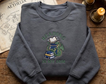 Embroidered Fantasy Book Dragon Hoodie, Reading Is My Jam Sweatshirt, Magic Bookworm Gift, Dragon Enthusiast Apparel, Library Aesthetic Top