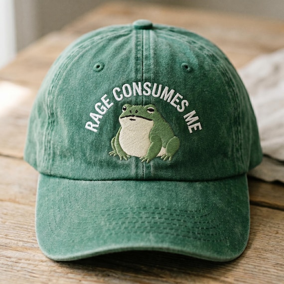 Embroidered Rage Consumes Me Frog Hat, Funny Grumpy Toad Washed Dad Cap, Round Frog Embroidery, Sarcastic Cottagecore Gift, Frog Cap