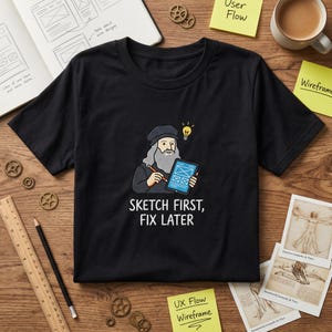 May include: A black t-shirt featuring a graphic of a bearded figure in a dark cap holding a stylus and a tablet displaying a wireframe design. Above the figure is a yellow lightbulb icon. The text "SKETCH FIRST, FIX LATER" is printed below.
