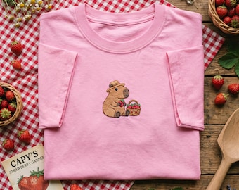 Embroidered T Shirt, Capybara Strawberry, Berry Foraging Tee, Cute Fruit Animal Shirt, Summer Cottagecore Clothes, Sweet Berry Gift