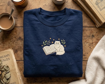 Embroidered Fluffy White Cat Sweatshirt, Persian Cat Reading Hoodie, Starry Bookish Crewneck, Elegant Cat Lover Gift, Library Cat Art