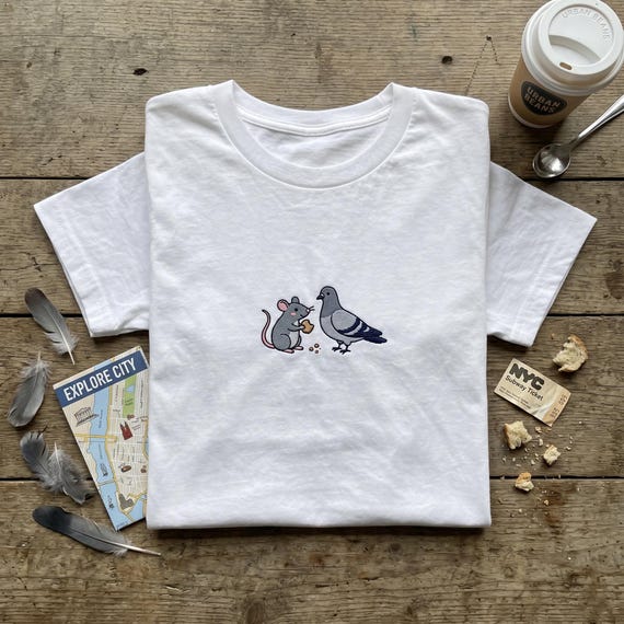 Embroidered Pigeon and Rat TShirt, Cute Animal Friendship Tee, New York City Pigeon Shirt, Minimalist Pet Rat Tee, Funny City Animal Gift