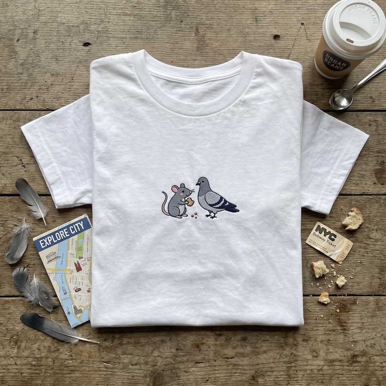May include: A white short-sleeve t-shirt featuring a small embroidered graphic of a grey mouse holding a piece of bread and a grey pigeon standing nearby. The design is centered on the chest of the shirt, which is made of a plain white fabric.