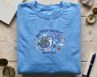 Sudadera Quest Squad Broccoli, camiseta bordada de Dungeons and Dragons, sudadera Adventure Cat Crewneck, regalo para jugadores de rol, ropa de animales fantásticos
