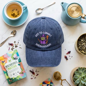 May include: A navy blue baseball cap featuring an embroidered graphic of a green frog wearing a purple wizard hat and robe, holding a staff. The text "OFF TO COMMIT SHENANIGANS" is embroidered in white above and below the frog illustration.