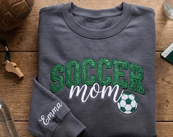 Custom Embroidered Soccer Mom Sweatshirt, Personalized Sleeve Name Game Day Crewneck, Glitter Varsity Athletic Mama Hoodie, Sports Mom Gift
