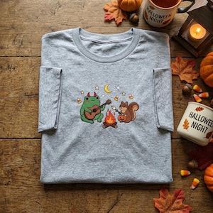 Frog Devil Squirrel Pumpkin Embroidered T-Shirt, Halloween Animal Shirt, Spooky Aesthetic Tee, Fall Camping Clothing, Autumn Gift