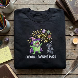 May include: Black sweatshirt with an embroidered design featuring a green frog wearing a wizard hat and cape, holding a wand. A gray dragon is next to the frog. The text "CHAOTIC LEARNING MAGE" is below the design.