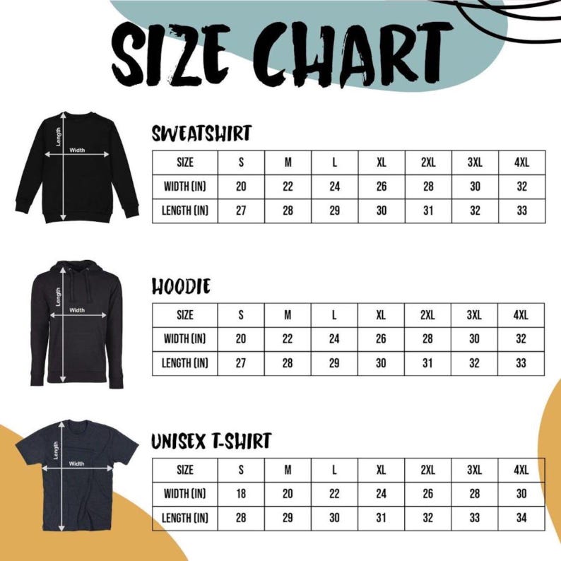 Puede incluir: Una tabla de tallas para sudaderas, sudaderas con capucha y camisetas unisex. La tabla muestra las medidas en pulgadas para el ancho y el largo, desde la talla peque&ntilde;a hasta la 4XL. El texto "SIZE CHART" est&aacute; en la parte superior.