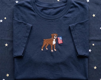 Boxer Dog USA Flag T-shirt, Embroidered Patriotic Boxer Tee, American Pride Dog Lover Gift, 4th of July Boxer Apparel,Dog Holding Flag Shirt