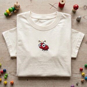 May include: A cream-coloured t-shirt with an embroidered cartoon ladybug. The ladybug has large red eyes, a red body, and black legs, with yellow antennae. The shirt is folded on a wooden surface.