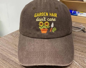Chapeau brodé cheveux doux, casquette papa tournesol, cadeau outils de jardinier, casquette de baseball amateur de plantes, chapeau floral vert pour le pouce
