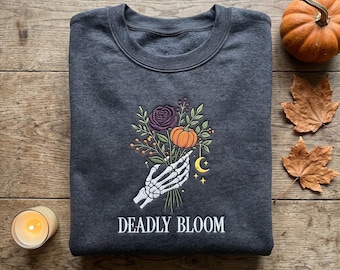 Deadly Bloom Skeleton Hand Rose Pumpkin Embroidered Hoodie, Gothic Floral Halloween Sweatshirt, Spooky Season Dark Academia Hoodie