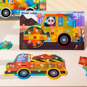 Houten 3D-themapuzzel Cartoon Engineering voertuig