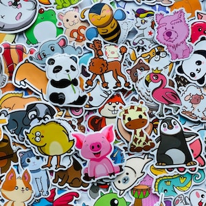 May include: A collection of colorful stickers featuring various cartoon animals, including a panda, pig, giraffe, and penguin. The stickers are of different sizes and shapes, with a white border.