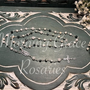 Green Rosary, Tree Agate and White Jade Catholic Rosary, First Communion Rosary, Baptism Rosary, Gift for Her, Rosary Gift