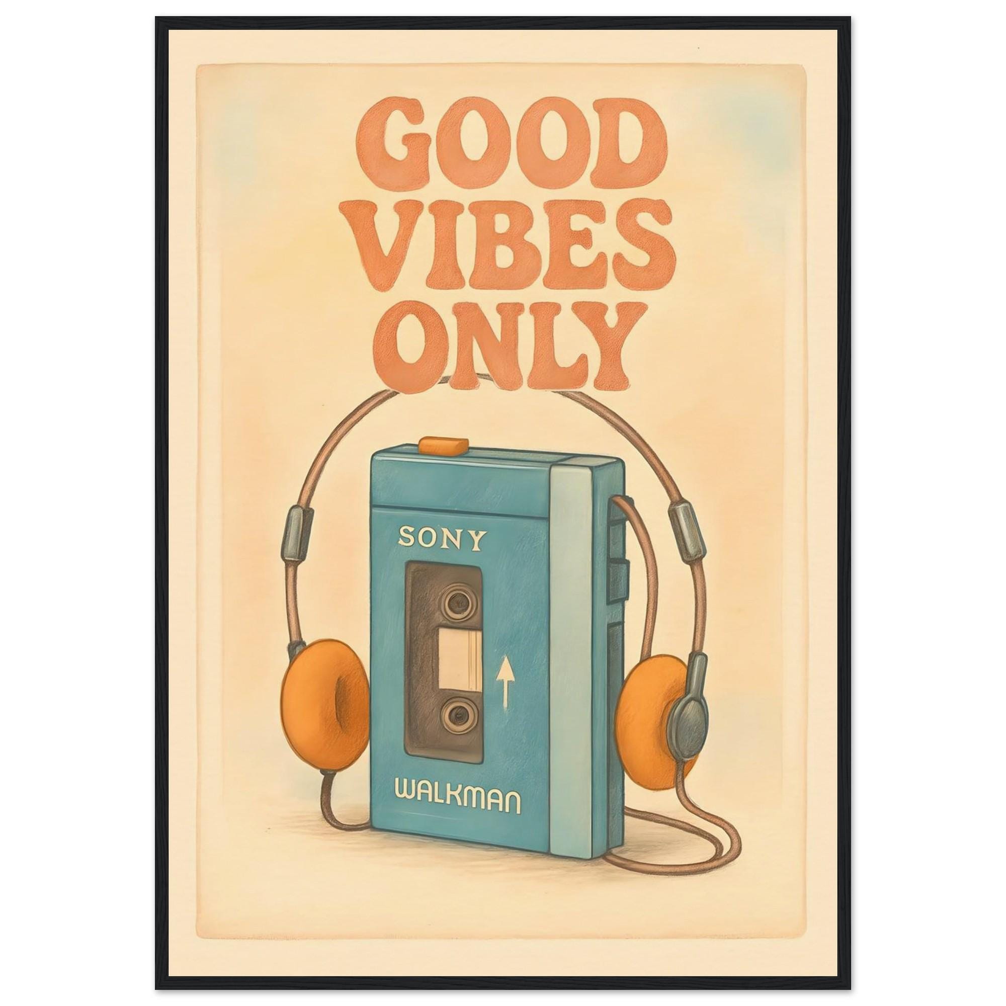 Good Vibes Only Walkman Poster | Retro 80s Sony Headphones Print