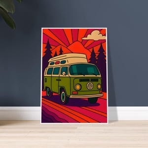 Poster retrò di un bus VW / Poster di viaggio d'epoca / Stampa di un furgone Volkswagen al tramonto / Arte di un camper d'epoca / Stampa di un viaggio d'avventura retrò