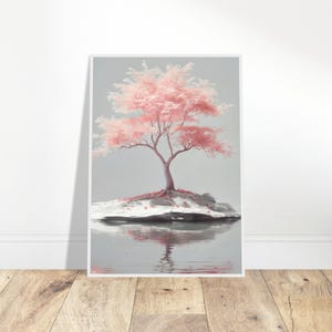 Stampa artistica vintage con albero rosa dell'isola / Decorazione murale minimalista con natura / Poster con paesaggio acquatico tranquillo / Illustrazione estetica in tenui colori pastello